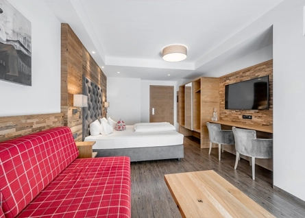 view into the room - red couch and bed