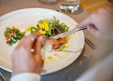 salad with flower and salmon